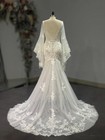 Elegant Mermaid Lace Wedding Dress V Neck Long Puffy Sleeve Backless Bridal Gown