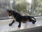 1960 s Glossy Black Ceramic Crouching Panther Jaguar Figurine  Mid-century 13 