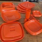 Vintage Mcm Orange Plastic Picnic Basket Rare Complete Set   Mid Century Modern