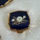 Vintage Stratton England 3pc Vanity Set Navy Blue Enamel Floral Compact Comb Box