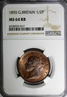 Great Britain Victoria  1837-1901  1855 1 2 Penny Ngc Ms64 Rb 28 Mm Km  726  17 