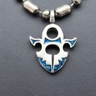 Tribal Symbol Pendant Necklace Blue Glitter Enamel Silver Tone Beaded 18in