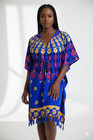 Womens African Print Kaftan Polyester Blue  Short  Tassel  Beach Cover-up L-31 