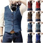 Mens Tweed Suit Vest Retro Herringbone Western Groom Formal Dress Waistcoat Vest
