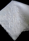 Madeira Embroidery Linen Hanky  r  Monogram  Floral   Scallops Wedding Vintage