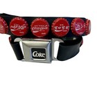 Vtg 90 s Coke Rubber Belt W Coca-cola Global Bottle Caps Chrome Seat Belt Buckle