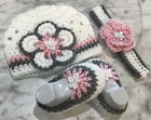 Handmade Crochet Baby Newborn 0-3 Month White Pink Grey Hat Booties Headband