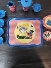 Vintage Ohio Art 1950s 20 Piece Set Tin Litho Child s Tea Set Girl W  Puppy Dog