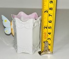 Antique Victorian Porcelain Toothpick Holder W  Butterfly Handle     Pink Interior