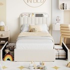 Kids Girls Beige Boucle Bed Frame With 2 Storage Drawers   Bookcase Headboard