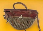 Vtg 70 s Sisal Jute Woven Tote Bag Brown Leather Strap Bucket Market Bag