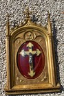 Antique 19thc Neo Gothic Wall Crucifix Plaque Frame Religious Rare