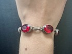 Vintage 925 Sterling Silver Faceted Ruby Red Glass Oval Bracelet Toggle Clasp  3