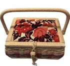 Vintage Wicker Sewing Basket Box Padded Embroidered Floral Lid