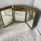 Antique Tri-fold Travel Vanity Mirror Brass Standing Or Hanging