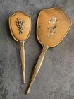 Vintage 2-pc Mcm Vanity Set Beveled Mirror   Brush Gold Brass Nylon Usa Made