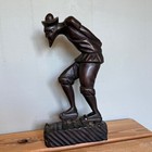 Wood Carved Asian Man 14 5  Tall Figure Frog On Bottom Front - Detailed