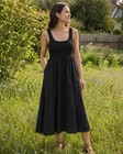 Neuflora Black Linen Blend Midi Dress L Stretch Bodice Pockets