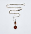 Vintage Sterling Silver Amber Pearl Heart Pendant Necklace Love Unique