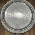 Wm Rogers Round Serving Tray Silverplate 15in Silver Etched Floral Pierced 162