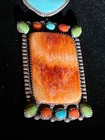 Silver  Turquoise  Coral Signed Navajo B  Joe  Native American Pendant Jewelry