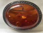 Antique Sterling Silver Natural Amber  Very Big Brooch