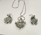 Vintage Turquoise Sterling Silver Cabochon Necklace   Earrings Set
