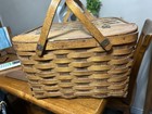 Vintage Wood-splint Picnic Pie Basket With Lid   Dual Wooden Riser