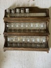 Set Of 2 Vintage 3 Tiered Wooden Spice Racks W  21 Vtg Glass Spice Bottles