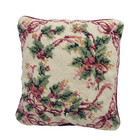Needlepoint Christmas Holiday Wreath Berry Throw Pillow 9x9 Euc Red Velvet Holly