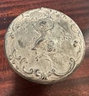 Vintage Cherub Silver Plated Lid W mirror   Glass Vanity Powder Jar   Puff