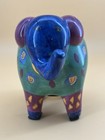 Whimsical Vintage Hand Painted Abstract Ceramic Trunk Up Elephant Piggy Bank