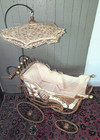 Antique Victorian Wicker Baby Carriage Buggy Stroller W Lace Parasol