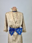 Antique Edwardian 1910s Beige Day Dress Embroidered Lace Bright Blue Floral Belt