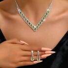Prom Bridal Necklace Set Green Crystal Rhinestone Earrings Silver Jewelry Set