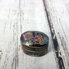 Vintage Enamel Cloisonn   Mini 2cm Hinged Oval Pink Flower Pill Box Black New