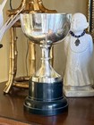 Vintage Silver Plated Double Handles Large Trophy Cup With Black Base Pedestal