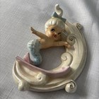 Rare   Vintage Norcrest Ceramic Mermaid On Iridescent Wave Pink Surfboard Wow 