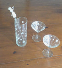 Vintage 4 Pc Set Etched Glass Pitcher Olive Martini Glasses Barware Rare Stirrer
