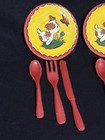 Vintage Child Toy Dish Set Chick Tin Plates Red Plastic Flatware 8 Pc Lot