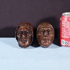 Pair Of 4  Tall French Antique Highly Carved Heads In Solid Oak Wood Trim Pieces