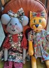 2 Handmade Primitive Style Rag Dolls Mouse Cat Handpainted Faces Folk Art 20 