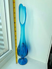 Vintage Viking Epic 6 Petal Blue Swung Glass Footed 16    Mcm Bud Vase Art Deco