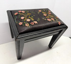 Vintage Small Stool Seat Bench Black Embroidered Top Pink Flowers Instruments
