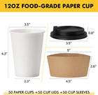 12 Oz 50 Pack Disposable Paper Coffee Cups With Lids And Sleeves