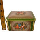 Vintage Tin Container Green Floral Hinged Square Made In Holland Victorian Style