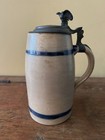 Large 19th C  Antique Stoneware German Tankard With Pewter Lid With Eagle