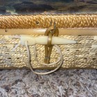 Vtg Weaved Sewing Basket W fabric Renaissance Artwork Lid bakelite Clasp  Thread