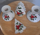 5 Pc Vintage Lefton China Cardinal Holly Candle Holders  Napkin Holder  Trinket