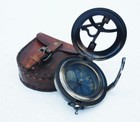 Antique Solid Brass Vintage 2 5  Push Button Sundial Compass With Leather Case